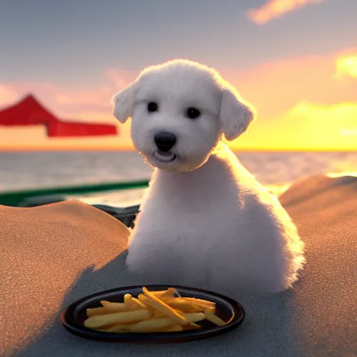 Prompt: a photorealistic photograph of a smiling white bichon puppy eating basket of french fries during sunset at the beach Trending on artstation, featured on Behance, well-rendered, Unreal Engine, 4K HD