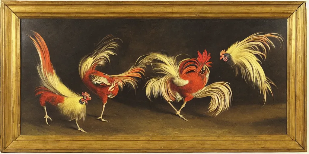 Prompt: painting of a cockfight, by karl wilhelm de hamilton and remy cogghe, detailed, realism, roosters