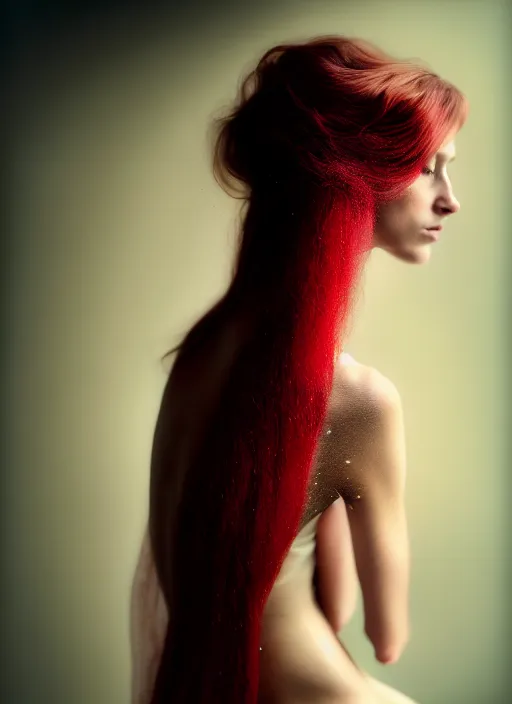 Image similar to portrait photography of a beautiful woman, in fine art photography style of Lindsay Adler- Giovanni Gastel, britt marling style 2/4 , natural color skin pointed in rose, long red hair with an intricate hairstyle, full body dressed with a ethereal transparent voile dress, elegrant, 8K, soft focus, melanchonic soft light, volumetric dramatic lighting, highly detailed Realistic, hyper Refined, Highly Detailed, natural point rose', outdoor sea and storm soft lighting, soft dramatic lighting colors scheme, soft blur lighting, fine art fashion photography