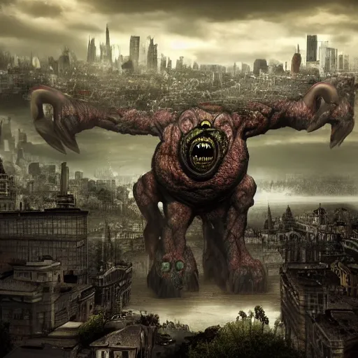 Image similar to a large, hideous monster looming over a city, scary, photorealistic