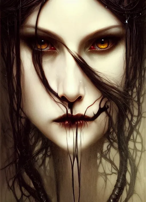 Image similar to portrait of a exquisite beautiful vampire girl with long elegant tangles of black hair, beautiful piercing eyes, gothic fog ambience, hyper realistic head, fantasy victorian art, in the style of greg rutkowski, zdizslaw beksinski, intricate, alphonse mucha, hyper detailed, smooth