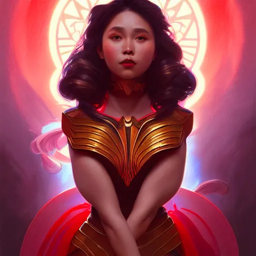 Prompt: kathlyn bernardo as darna, volumetric lights, red and cyan theme, art nouveau botanicals, intricate, highly detailed, digital painting, artstation, concept art, smooth, sharp focus, cinematic, illustration, beautiful face, art by artgerm and greg rutkowski and alphonse mucha