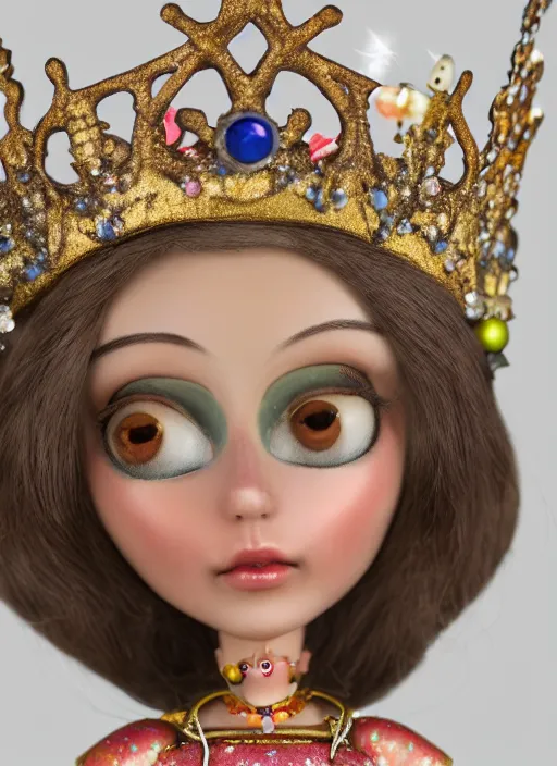 Image similar to closeup profile portrait of tin toy fairytale princess wearing a crown, bikini, depth of field, zeiss lens, detailed, symmetrical, centered, fashion photoshoot, by nicoletta ceccoli, mark ryden, lostfish, breathtaking, 8 k resolution, extremely detailed, beautiful, establishing shot, artistic, hyperrealistic, octane render