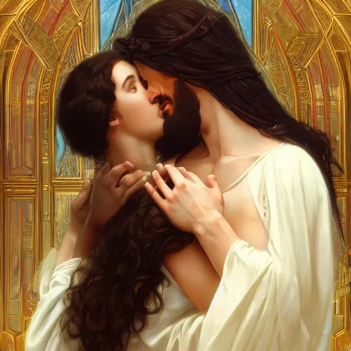 Image similar to jesus kissing a maria maddalena, intricate, elegant, highly detailed, digital painting, artstation, concept art, matte, sharp focus, illustration, art by artgerm and greg rutkowski and alphonse mucha