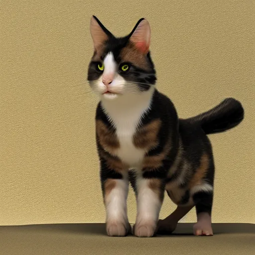 Image similar to a prehistoric calico house cat, octane render