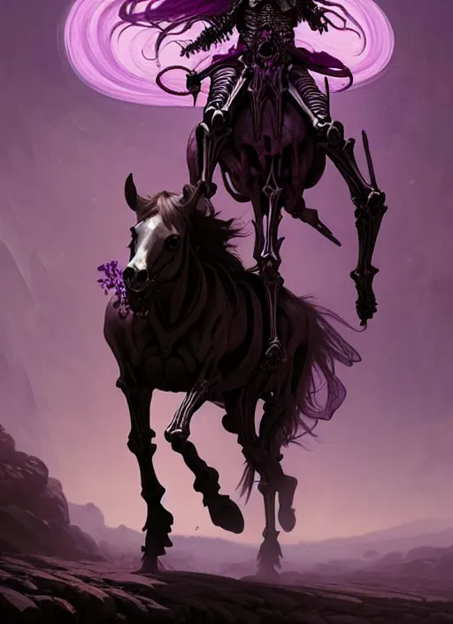 Prompt: skeleton necromancer raising a horse, purple palette, cave landscape, fantasy magic, dark light night, intricate, elegant, sharp focus, illustration, highly detailed, digital painting, concept art, matte, art by wlop and artgerm and greg rutkowski and alphonse mucha, masterpiece