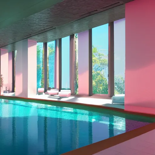 Prompt: A sunlit indoor lounge area with a pool with clear water and another pool with translucent pastel pink water, next to a big window, digital art, trending on Artstation