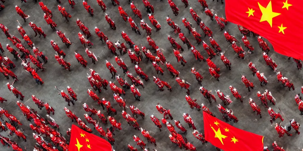 Image similar to overhead mid shot cinematic artwork of a small group of rag tag warriors surrounded by a vast ancient Chinese army wearing red armor and holding red flags on the battlefield by greg rutowski, masterpiece, 4k