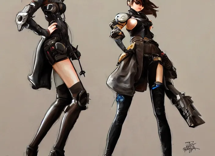 Image similar to a highly detailed beautiful portrait of tracer from overwatch as 2 b nier automata wearing a leather jacket, by gregory manchess, james gurney, james jean