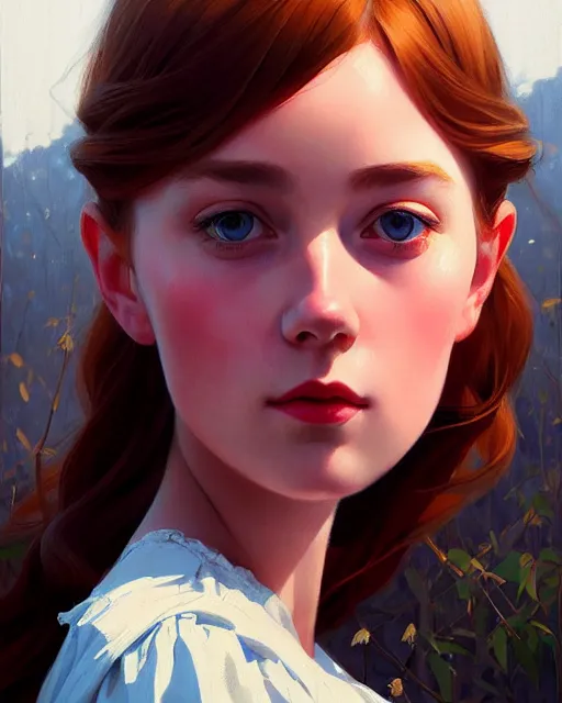 Image similar to stylized portrait of an artistic pose, composition, young anne with an e, anne shirley, realistic shaded, fine details, realistic shaded lighting poster by ilya kuvshinov, magali villeneuve, artgerm, jeremy lipkin and michael garmash and rob rey