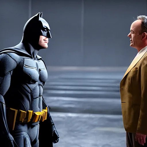 Image similar to A still of Ben Affleck's Batman meeting Michael Keaton's Batman, 4k, photograph, ultra realistic, highly detailed, studio lighting