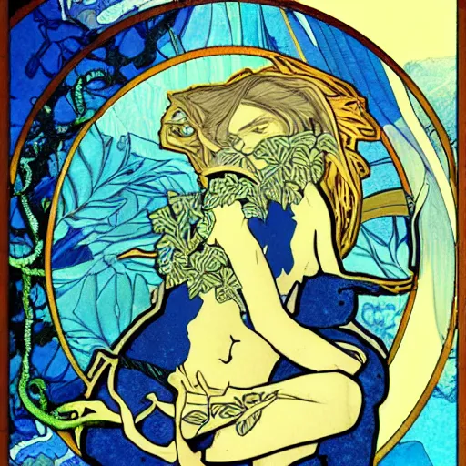 Prompt: god of nature, blue panthera, in a style of mucha