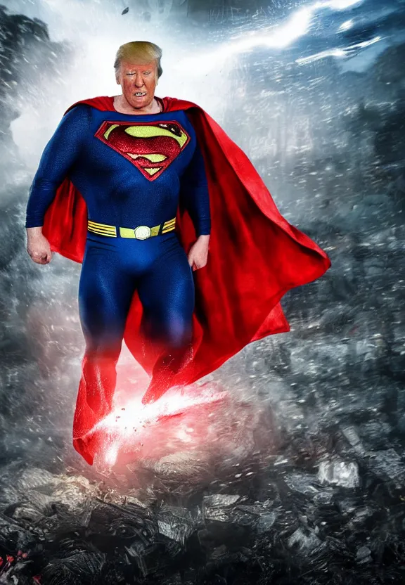 Image similar to Portrait of Donald Trump as superman in Gears of War, splash art, movie still, cinematic lighting, dramatic, octane render, long lens, shallow depth of field, bokeh, anamorphic lens flare, 8k, hyper detailed, 35mm film grain