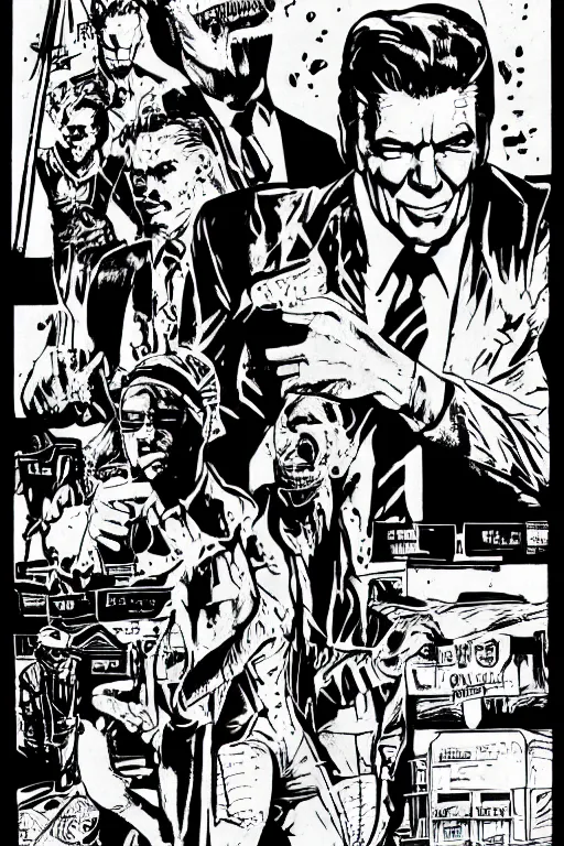 Prompt: ronald reagan, a page from cyberpunk 2 0 2 0, style of paolo parente, style of mike jackson, adam smasher, johnny silverhand, 1 9 9 0 s comic book style, white background, ink drawing, black and white, colouring pages