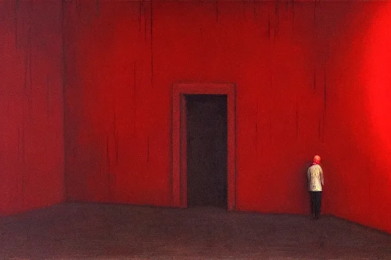 Image similar to only with red, crowd screaming, an exposed painting in a roman theater, in the style of beksinski, parts by edward hopper, parts by rodcenko, parts by yue minjun, intricate and epic composition, red by caravaggio, insanely quality, highly detailed, masterpiece, red light, artstation, 4 k