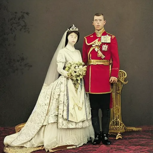 Image similar to a wide full shot, colored russian and japanese mix historical fantasy of a photograph portrait taken of the empress ’ royal wedding attire, photographic portrait, warm lighting, 1 9 0 7 photo from the official wedding photographer for the royal wedding.