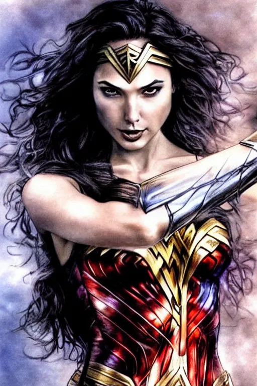 Image similar to Gal Gadot as Wonder Woman, illustration by Luis Royo