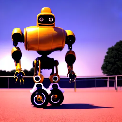 Prompt: cel shaded 3 d render of a robot on roller skates, at a skate park, unreal engine, octane render, thick and bold black outlines, gorgeous, advanced lighting technology, stylized and expressive, perfect anatomy, perfect face, by thomas kinkade and greg rutkowski and hayao miyazaki and akira toriyama