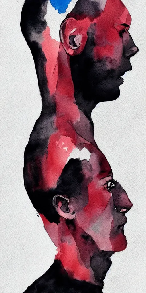 Prompt: closeup of one!!! athletic man posing dramatically with no face, no hair, black background, matte colors, by conrad roset, watercolor painting trending on artstation