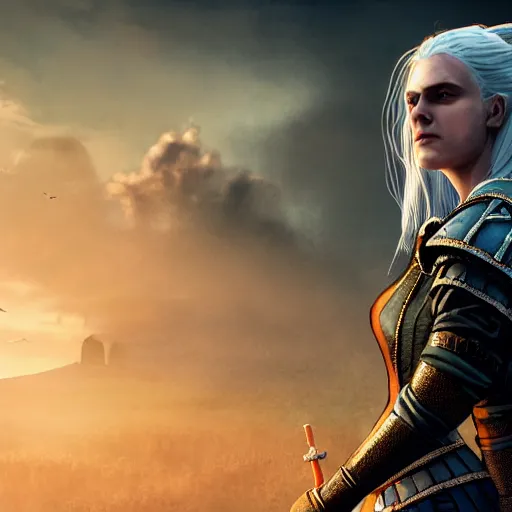 Image similar to witcher princess, posing heroically, heavenly, full body close-up shot, elegant, realistic character concept, high fantasy, light atmosphere, golden ratio, cinematic lighting, hyperdetailed, high resolution, insanely detailed and intricate, artstation, Marc Simonetti, Greg Rutkowski, octane render, 8k