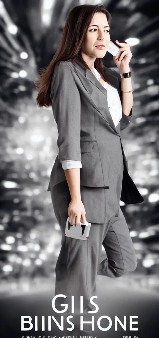 Prompt: girl on the phone, business clothing, movie poster style