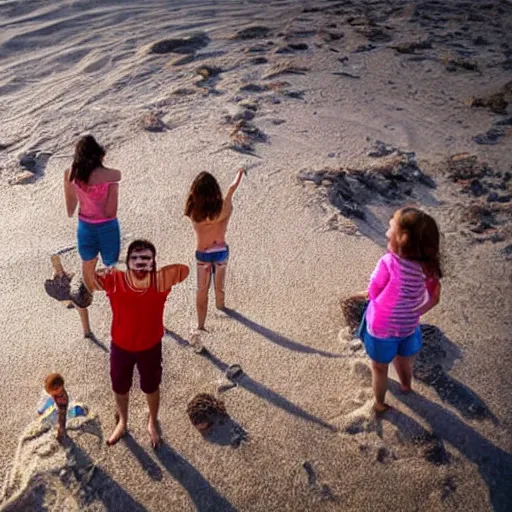 Prompt: a happy family group of people standing on top of a sandy beach, a stock photo by demetrios farmakopoulos, shutterstock contest winner, verdadism, stockphoto, stock photo, photo taken with ektachrome, realistic shaded perfect face, realistic shaded lighting, 8 k ultra realistic