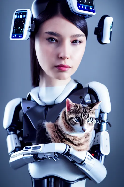 Image similar to cybernetic high tech girl with real cat on her head, sci - fi, cyberpunk, futurism, exoskeleton, strong artificial intelligence, symmetry, cinematic, elegant, luxury, professional studio light, perfect composition, dlsr photography, sharp focus, 8 k, ultra hd, sense of awe, highly detailed, hyper realistic, intricate, science journal cover