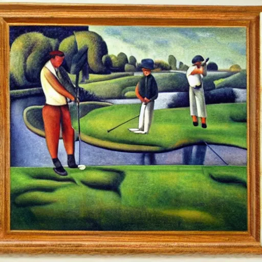 Image similar to Three golfers on a beautiful golf course, by Diego Rivera