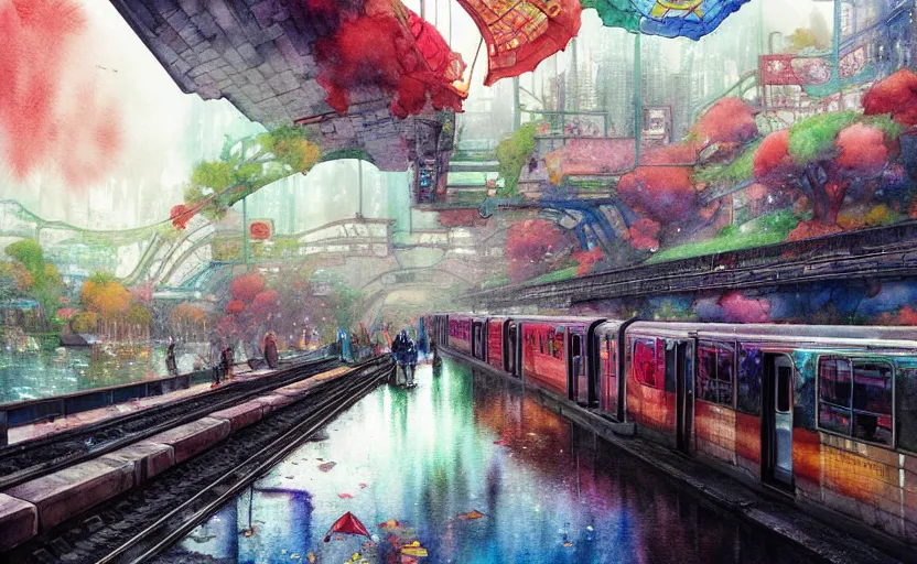 Image similar to an urban train rides inside of a waterway on a fantasy city. intricate, amazing composition, colorful watercolor, by ruan jia, by maxfield parrish, by marc simonetti, by hikari shimoda, by robert hubert, by zhang kechun, illustration, gloomy