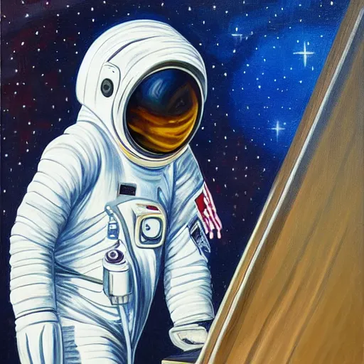 Image similar to a detailed oil painting of an astronaut playing keyboard