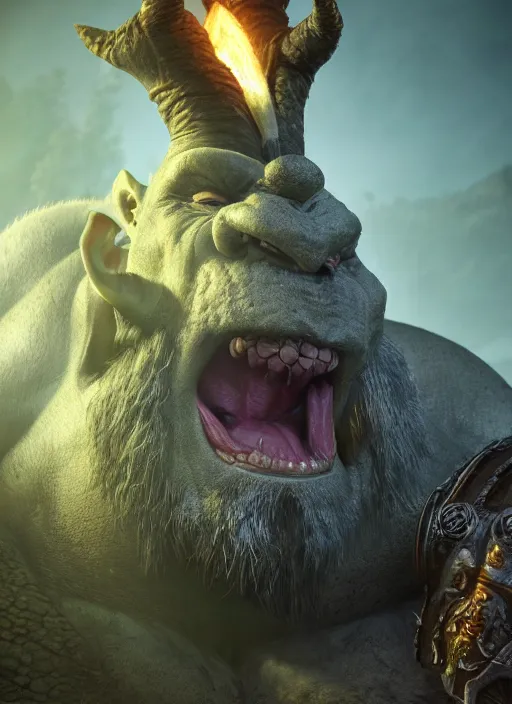 Image similar to troll ogre ultra detailed fantasy, elden ring, realistic, dnd character portrait, full body, dnd, rpg, lotr game design fanart by concept art, behance hd, artstation, deviantart, global illumination radiating a glowing aura global illumination ray tracing hdr render in unreal engine 5