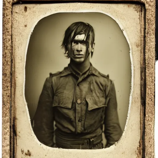 Image similar to A wet-collodion styled portrait of a disheveled solider coming back from battle looking defeated, staring straight into the camera. Depth of field, smokey background, high contrast, extremely detailed.