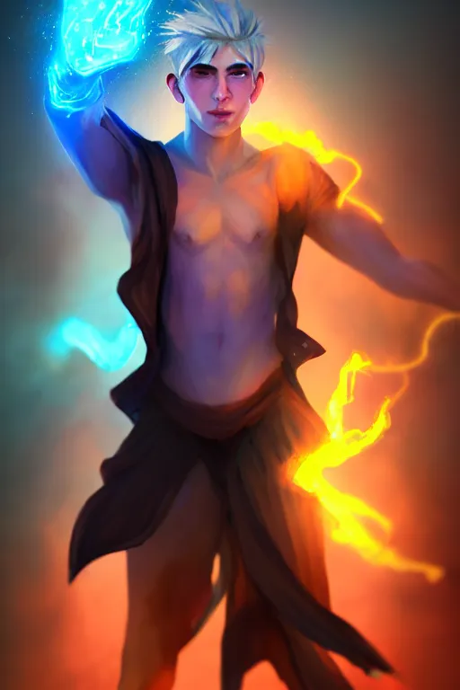 Image similar to a human elemental sorcerer, mountainous setting, colorful magic effects, male, white skin, portrait, young, sharp focus, concept art, dynamic lighting, by emylie boivin