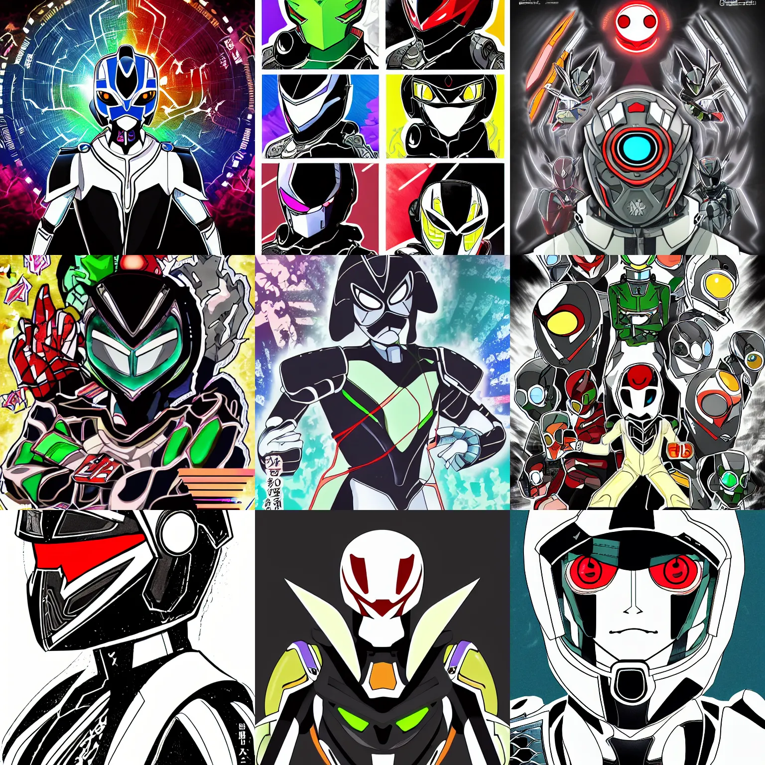 Prompt: illustrated character portrait of kamen rider ghost in the style of fuuto tantei, anime, kamen rider, kamen rider fourze, studio kai, in the style of studio kai, fuuto pi, animation