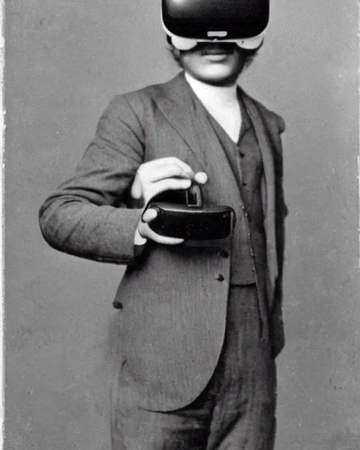 Image similar to 1 9 0 0 s photo of a person wearing a vr virtual reality headset