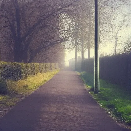 Image similar to Beautiful cameraphone, soft liminal Photograph of an estate road, early morning, estate-flat