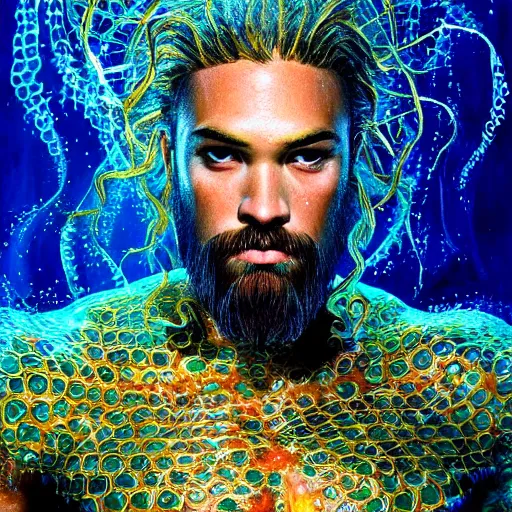 Prompt: intricate five star portrait of aquaman as a jellyfish man, oil on canvas, hdr, high detail, photo realistic, hyperrealism, matte finish, high contrast, 3 d depth, centered, masterpiece, vivid and vibrant colors, enhanced light effect, enhanced eye detail, artstationhd