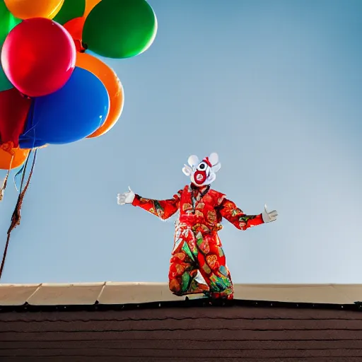 Image similar to photo of a clown on top of a house with a balloon in his left hand, taken with canon eos - 1 d x mark iii, bokeh, sunlight, studio 4 k