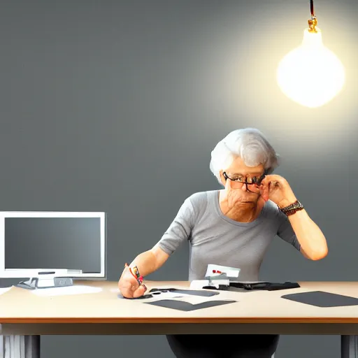 Image similar to older woman building electrical wiring on desk, soft lighting, matte painting, curly hair