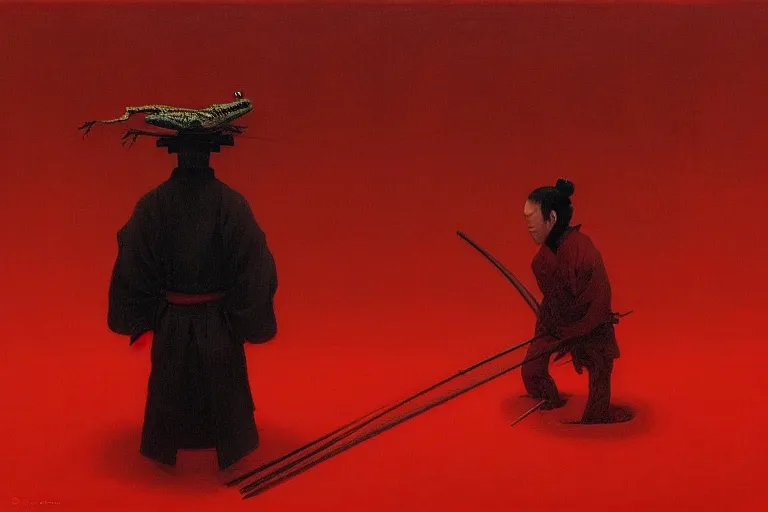 Image similar to only with red, a red samurai do seppuku, tokio, a lot of frogs watch, in the style of beksinski, parts by edward hopper, parts by rodcenko, parts by yue minjun, intricate and epic composition, red by caravaggio, insanely quality, highly detailed, masterpiece, red light, artstation, 4 k