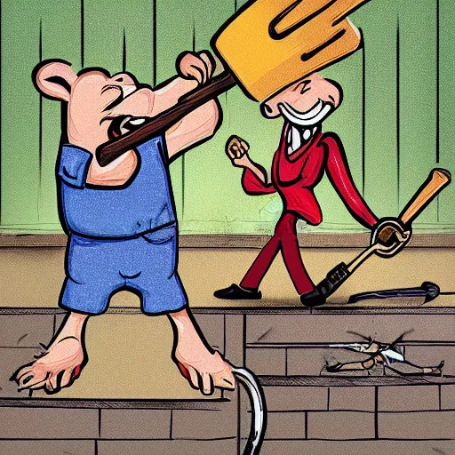 Image similar to rat slamming a hammer on a granny, detailed cartoon illustration