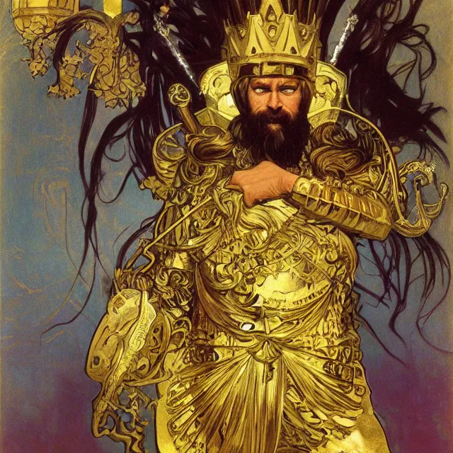 Prompt: an aesthetic! a detailed portrait of a man in a long beard, in golden armor, with a crown, holding a lantern with stacks of gold in the background, by frank frazetta and alphonse mucha, oil on canvas, art nouveau dungeons and dragons fantasy art, hd, god rays, ray tracing, crisp contour lines, huhd