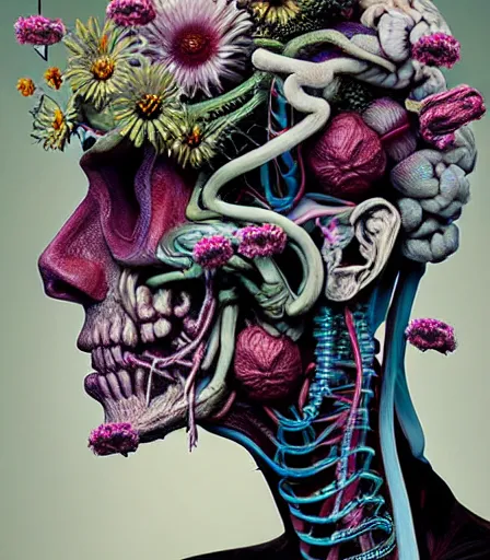 Prompt: x - ray of human head, brain, spine, nervous system, circuitry, flowers, sculpture, physical based render, hyper - maximal, surrealism, nychos, android jones, ljubomir popovic, guiseppe acrimboldo