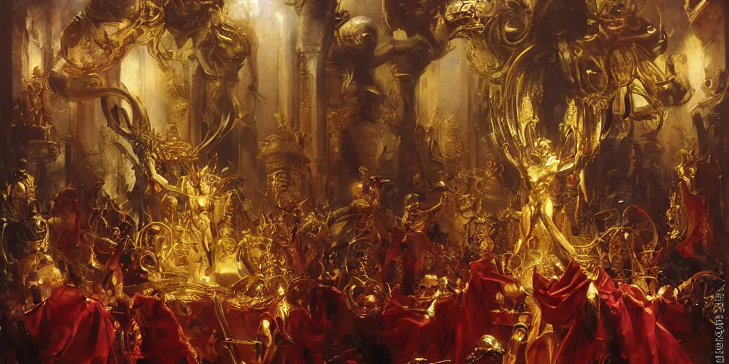 Image similar to beautiful oil painting, high details, alien in royal crimson robes enthroned as the alien god emperor of ancient civilization surrounded by servants in gilded halls a golden wreath upon his head, by anders zorn, wonderful masterpiece by greg rutkowski, beautiful cinematic light, american romanticism, by giger, rolf armstrong, ernie barnes