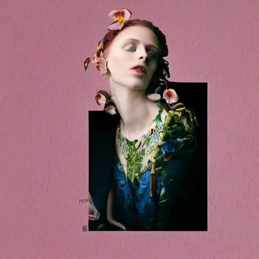 Prompt: long shot kodak portra 4 0 0, 8 k, volumetric lighting, highly detailed, britt marling style 3 / 4, fine art portrait photography in style of paolo roversi, orchid, orchid flower, 3 d render 1 5 0 mm lens, art nouveau fashion queen, elegant, hyperrealistic ultra detailed, 8 k