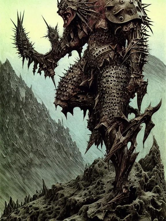 Image similar to A powerful large fanged orc with pale skin covered in scars stands near the mountains, wearing spiky complex detailed armor without a helmet. Extremely high detail, realistic, fantasy art, scars, solo, masterpiece, saturated colors, art by Zdzisław Beksiński, Arthur Rackham