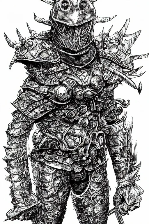 Image similar to humanoid toad warrior, wearing armour, swamp, symmetrical, highly detailed, digital art, sharp focus, trending on art station, kentaro miura manga art style