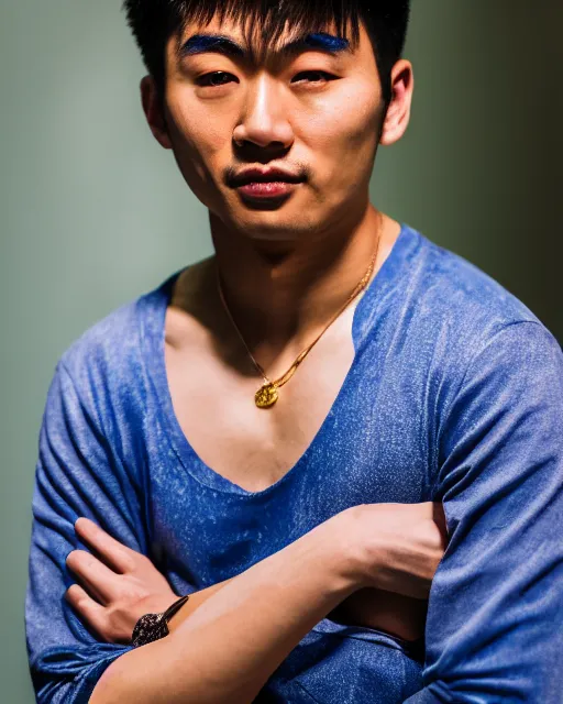 Prompt: gold, blue, hyper realistic photo of an asian male, 8 k, 8 5 mm f 1. 8