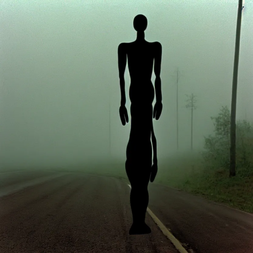 Image similar to 2 0 0 1 camcorder footage of a skinless figure standing silently on the side of a misty road