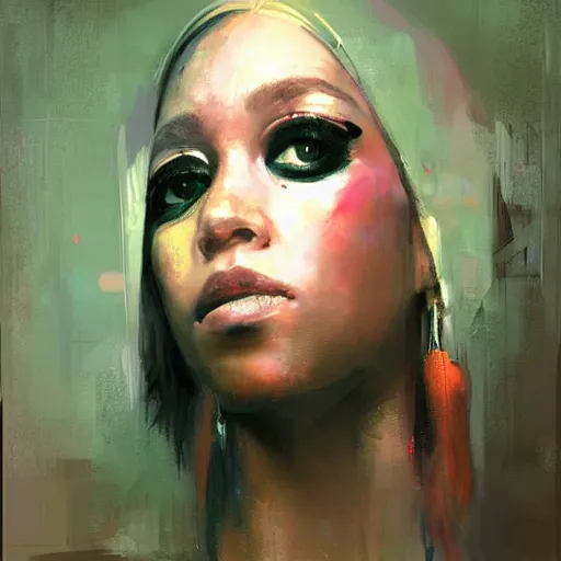 Image similar to face protrait of dojacat, realistic, ultrahd, jeremy mann painting